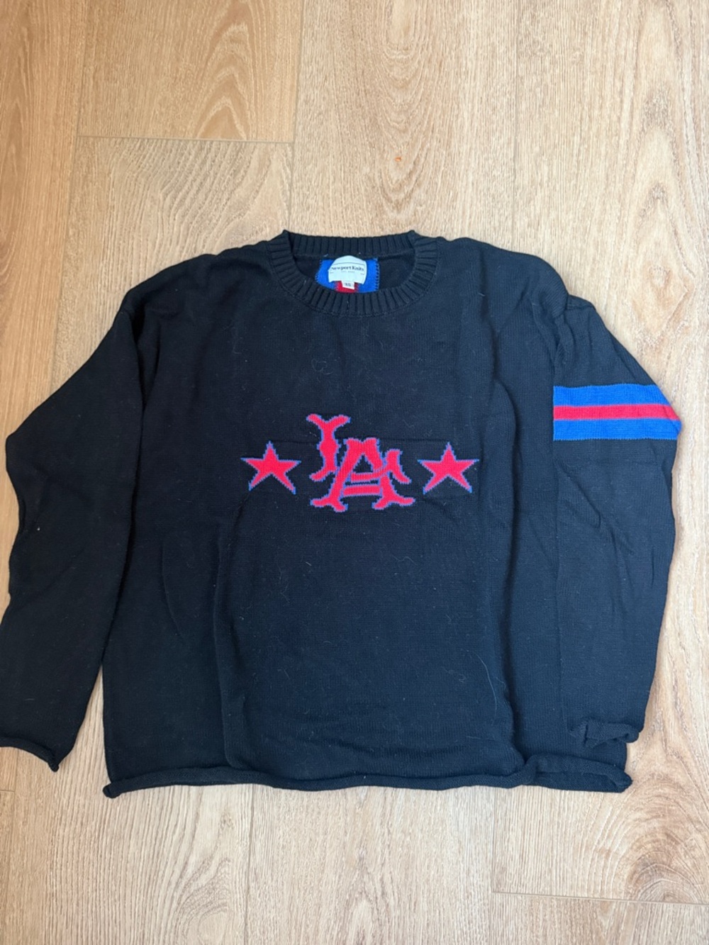 Black Crewneck Sweater with Red Accent Stars and Sleeve Stripes